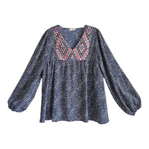 HAILEY & CO Women's L Tunic Top V-Neck Embroidered Balloon Long Sleeve Bust 38"